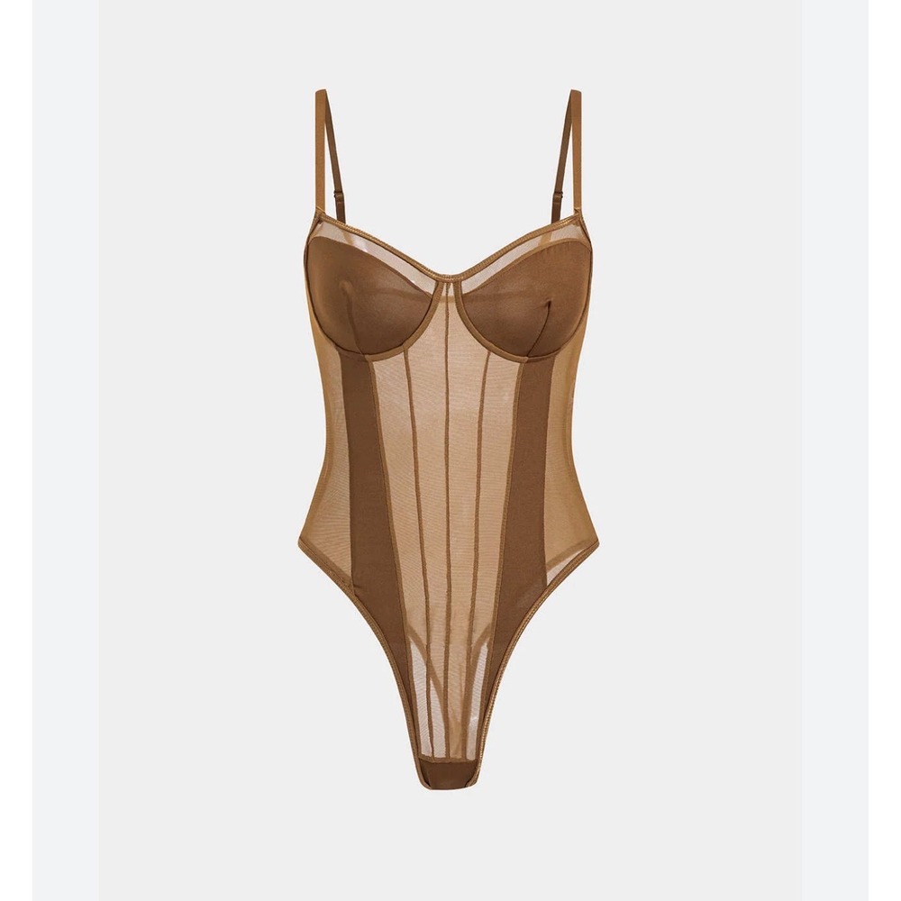 Micas Brown Sheer Mesh Corset Bodysuit Underwire XL NEW